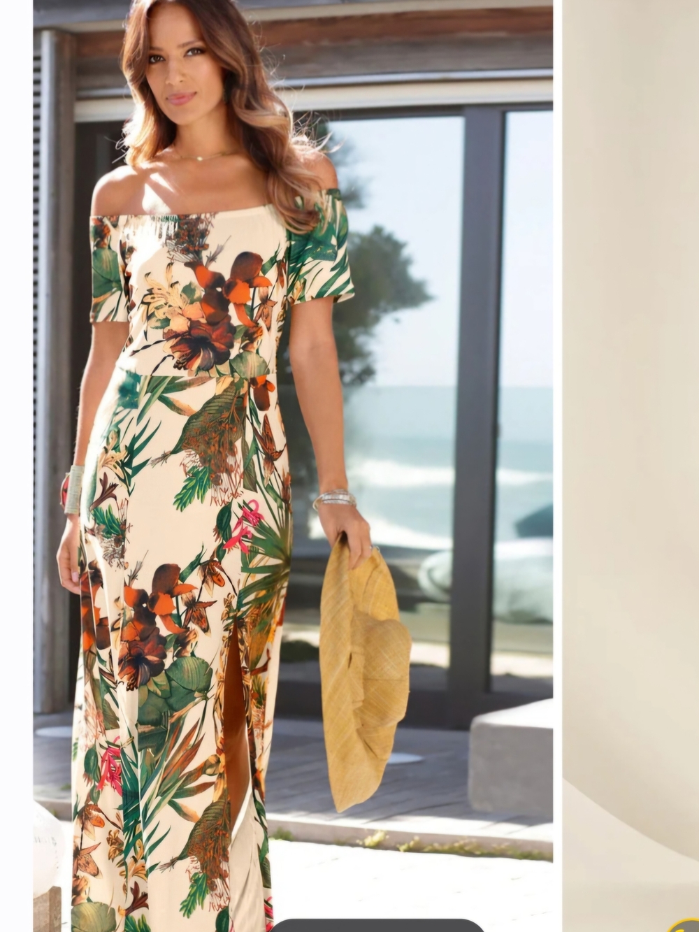 Off-Shoulder Tropical Print Maxi Dress in Cream and Green